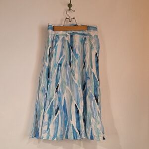Joan Vass Blue White Abstract Shard Print Jersey Midi Skirt Sz L
